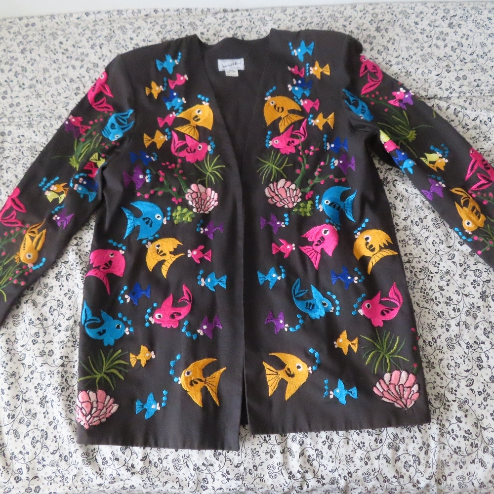 Jesus A Diaz Women M Embroidered Black Blazer Embroidered Fish Aquarium Mexican